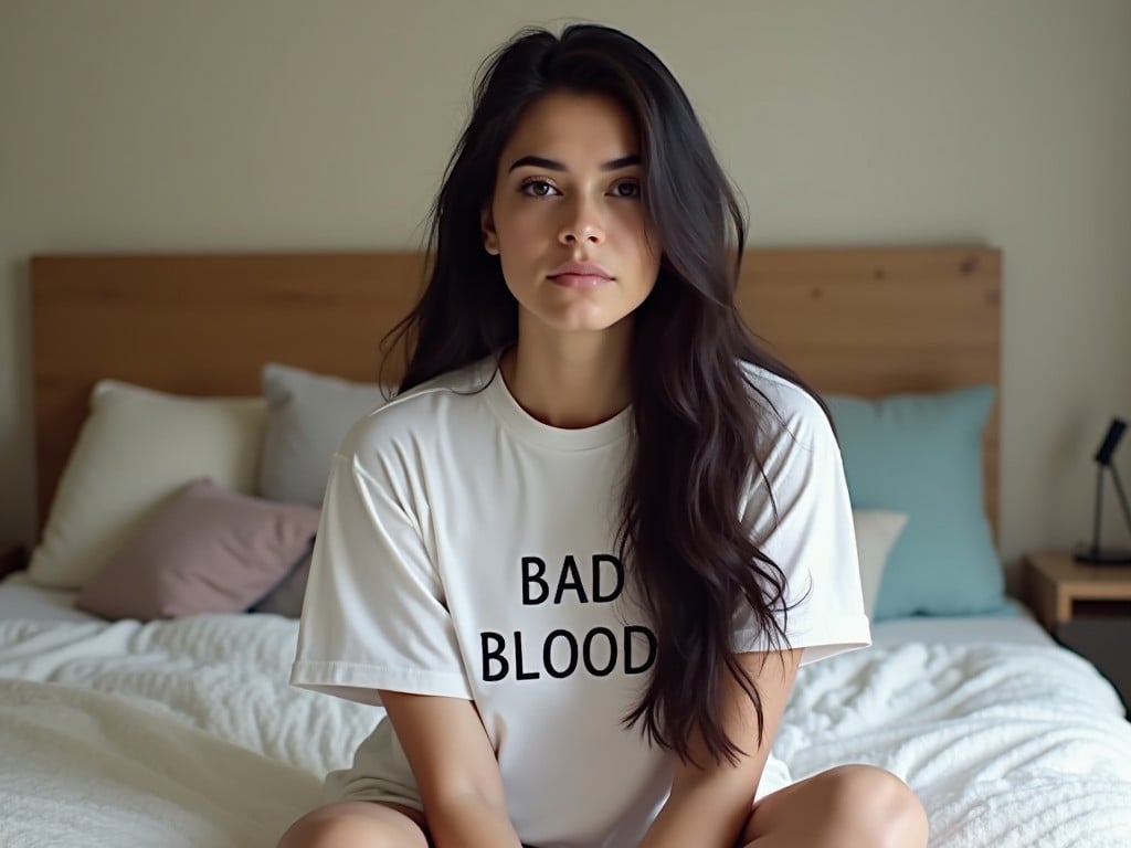 a person sitting on a bed wearing a white T-shirt with 'BAD BLOOD' text, casual and relaxed atmosphere