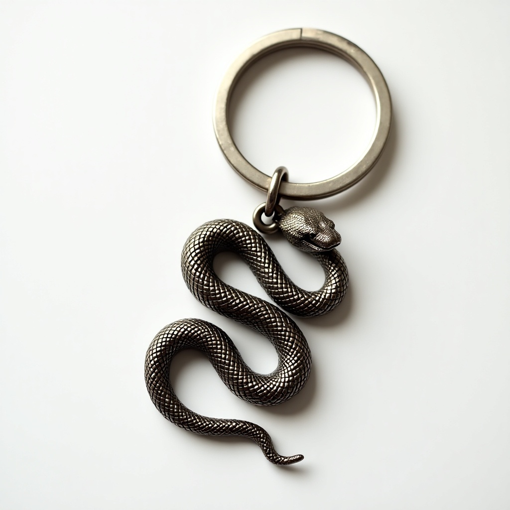 A keychain with a snake logo design. The keychain is metallic. The snake is coiled in a detailed, artistic manner. The focus is on the snake and its texture.