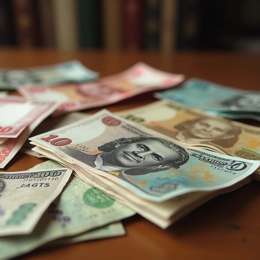 A variety of international banknotes arrayed on a table.