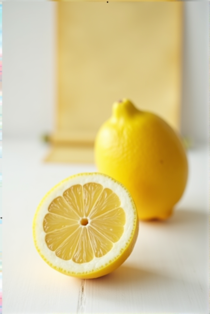 A fresh lemon cut in half sits elegantly on a white wooden table with a whole lemon in the background.