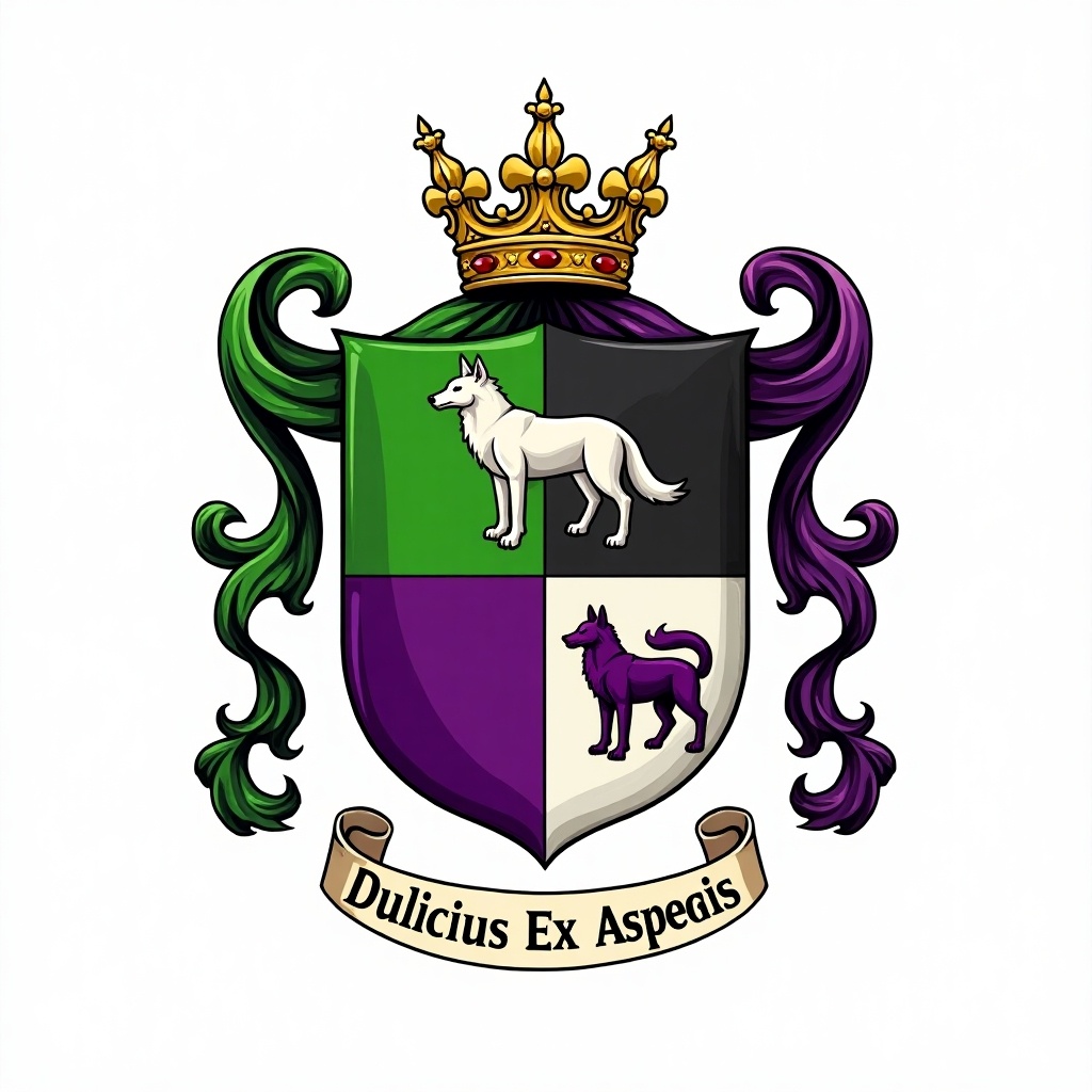 This image features a coat of arms design with clear heraldic elements. The shield is quartered, with the upper left and lower right in green, while the upper right and lower left are in purple. Prominently displayed on the shield are a white wolf in the upper left and a purple wolf in the lower right section. Above the shield is a gold coronet, symbolizing nobility. Below the shield, a ribbon bears the motto 'Dulcius Ex Asperis.' The overall design emphasizes traditional heraldic art with a modern twist.