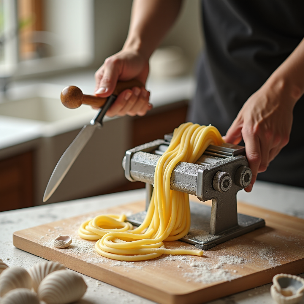 A person uses a pasta machine to cut and shape fresh dough on a wooden board, creating long, uniform noodles dusted with flour.