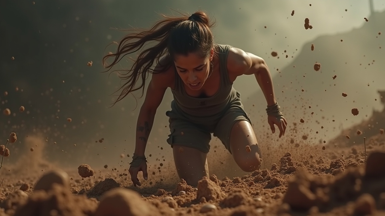 A woman crawling through rough terrain with intense focus and determination, dust and dirt flying around her in a dramatic and gritty scene.