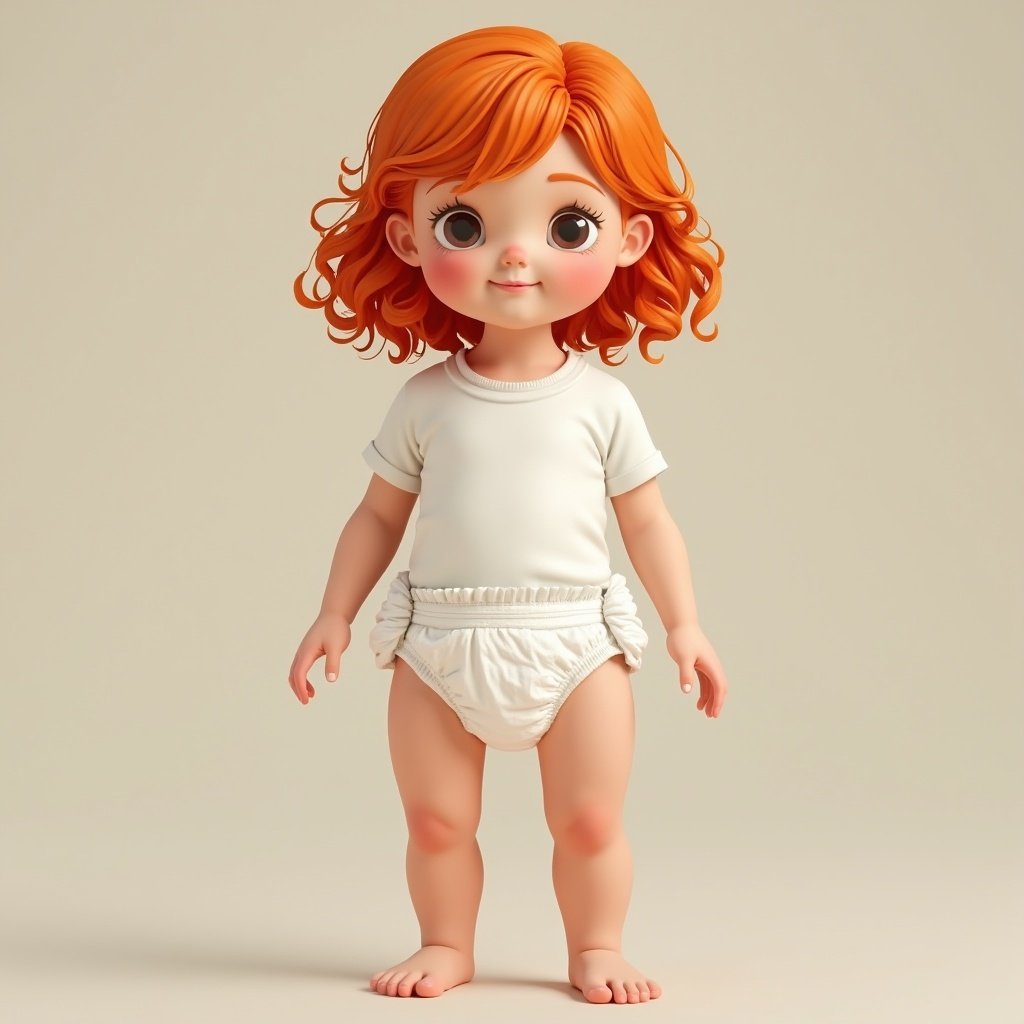 A girl stands with vibrant orange hair. She wears a simple white t-shirt and diapers. The pose is playful and inviting. The girl has soft features and is captured in a full body shot.