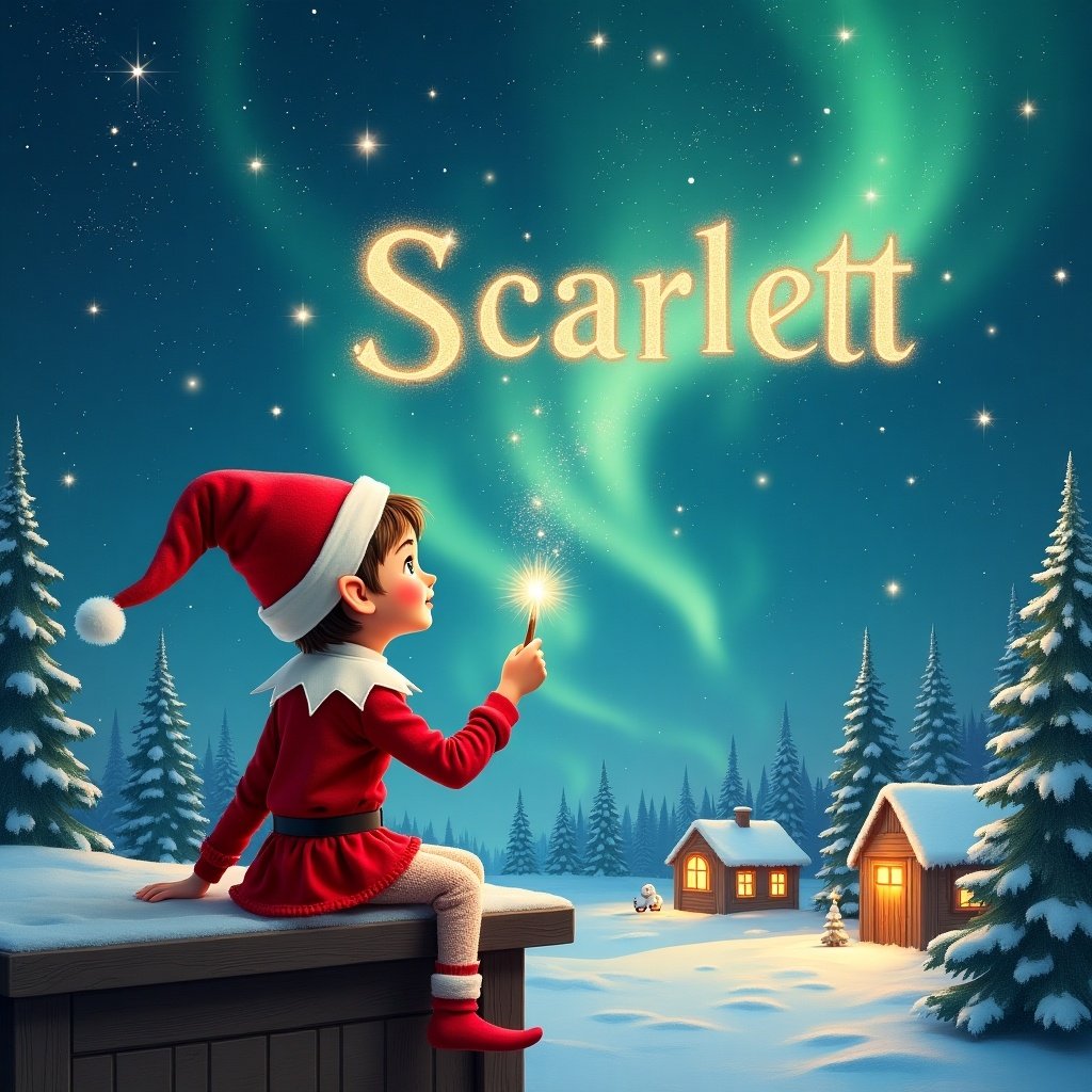 An elf sits on a wooden ledge, gazing at the magical sky while holding a sparkling wand. Dressed in a red outfit with a pointed hat, the elf writes the name 'Scarlett' in the starry sky. The scene features a snowy landscape with charming little houses and evergreen trees. Above, shimmering Northern Lights create a captivating backdrop. The elf also adds the names 'Natasha' and 'Ada' in the starry sky, enhancing the magical feeling. This artwork beautifully captures the essence of childhood magic and Christmas cheer.