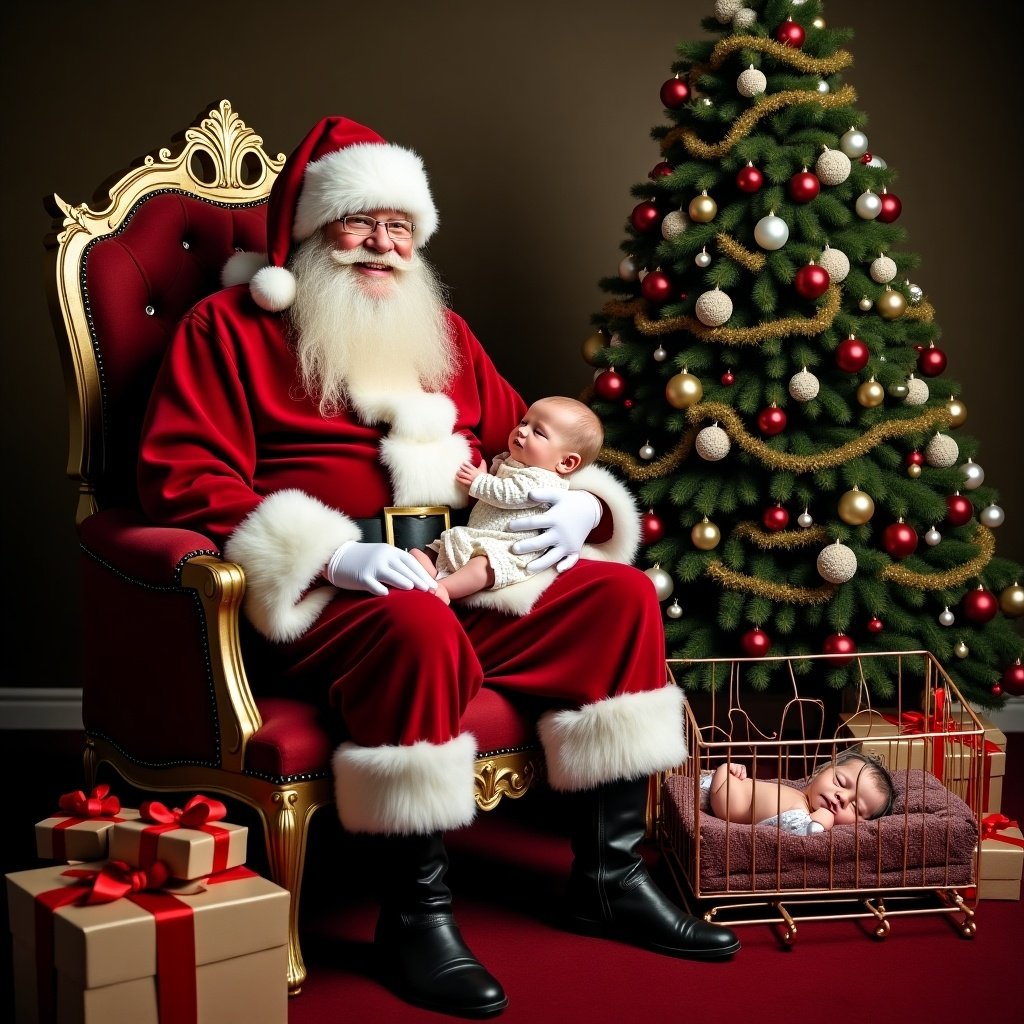 Santa Claus seated on a throne next to a decorated Christmas tree. Surrounding presents are visible. An infant is sleeping in a crib nearby.