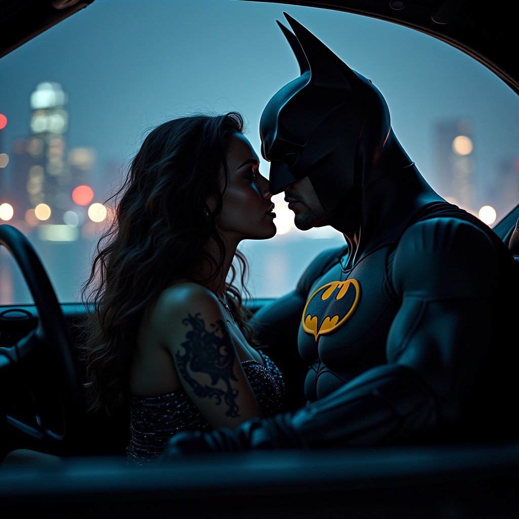 Batman and Wonder Woman kissing inside the Batmobile at night on a cliff overlooking Gotham City.