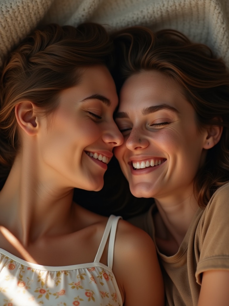 A joyful couple lies close. They share smiles and warmth. Soft lighting creates an intimate atmosphere.