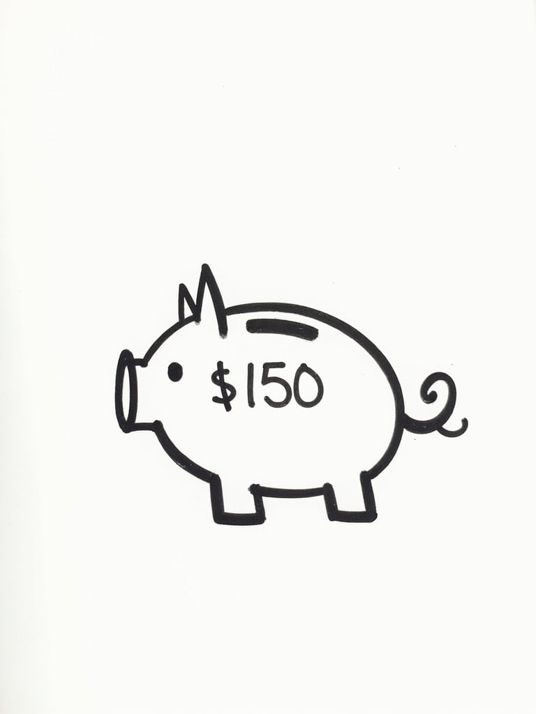 A simple black and white piggy bank is illustrated with '$150' written inside. The piggy bank is cartoonish and easy to recognize.