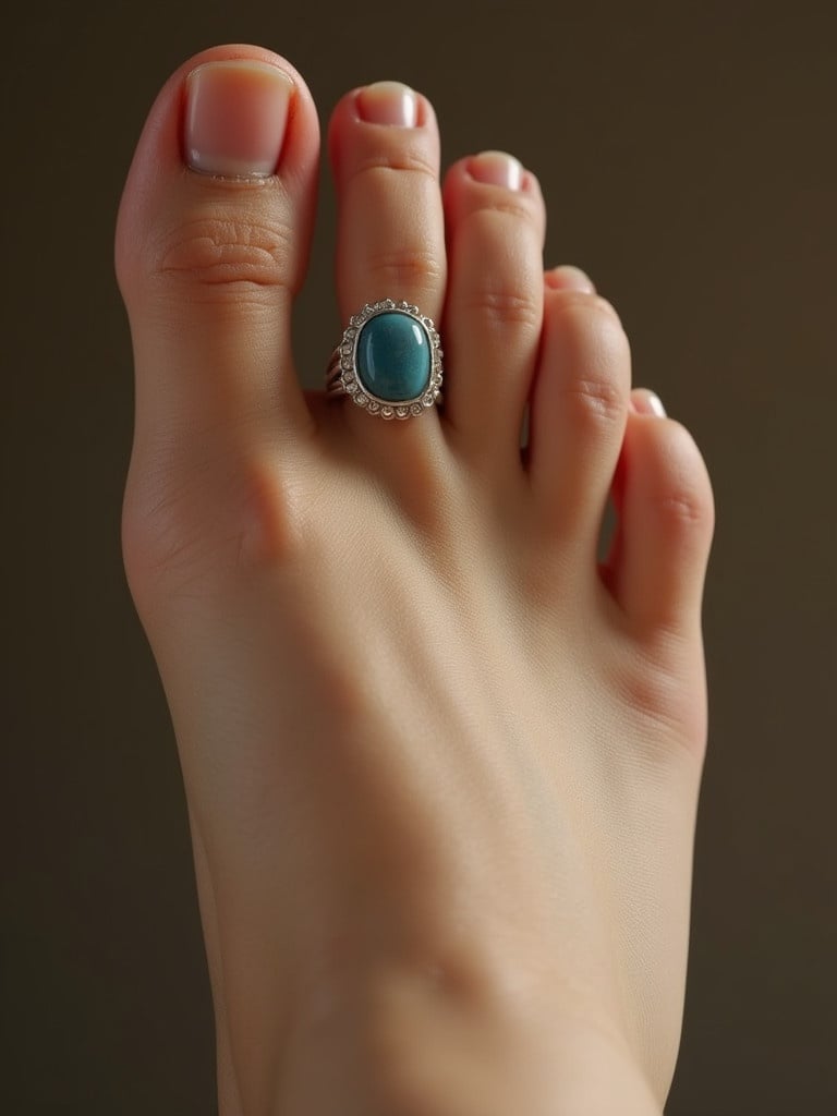 Close-up of a female foot. A toe ring is worn on the second toe. The foot has a manicured appearance.