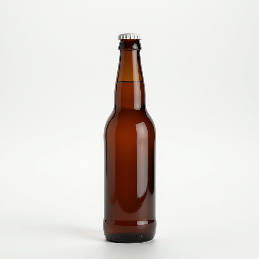 A brown glass beer bottle sized 500ml without labels. Soft natural light illuminates the bottle. The background is white. The bottle has a white cap.