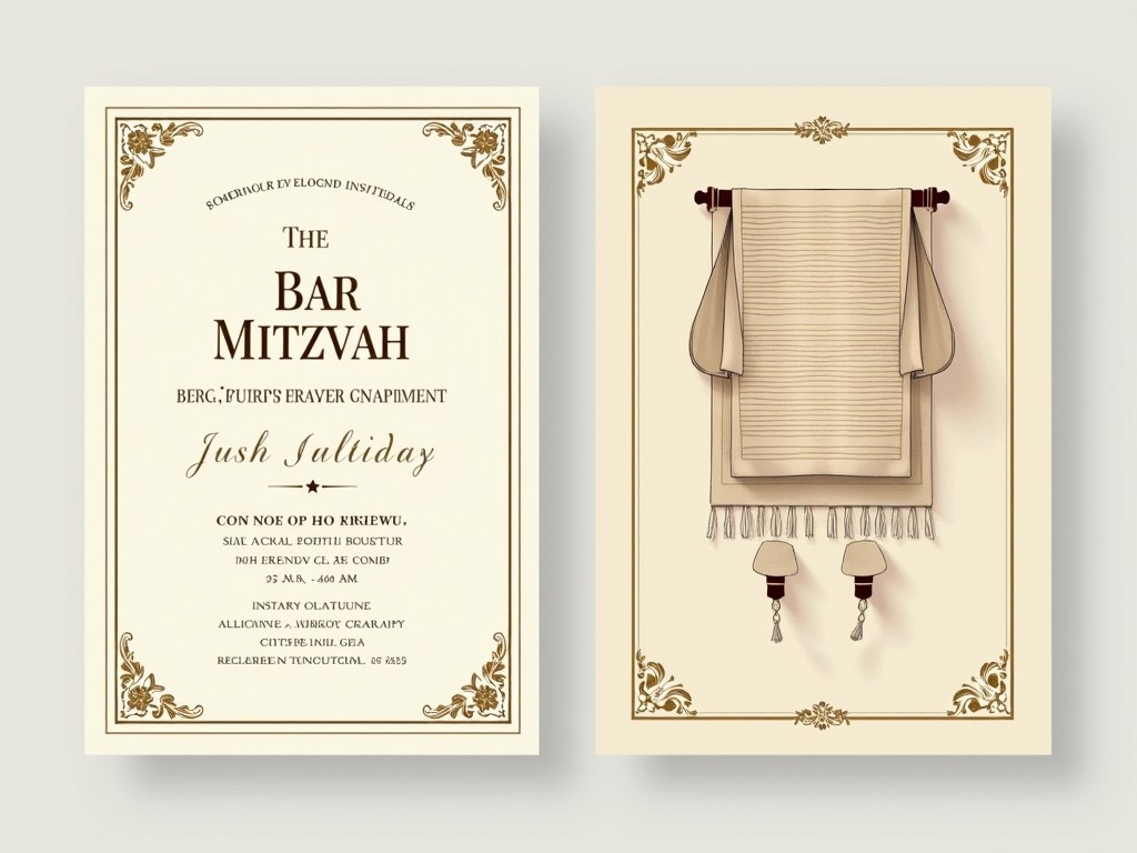 This image presents a Bar Mitzvah invitation featuring a clean and elegant design. The front page showcases the title 'THE BAR MITZVAH' in a sophisticated font, along with the child's name and event details in an organized layout. A tallit hangs gracefully, symbolizing Jewish tradition, adding a personal touch to the invitation. The overall color palette combines cream and gold, conveying a sense of luxury and celebration. This invitation is perfect for commemorating a significant Jewish rite of passage with style and grace.