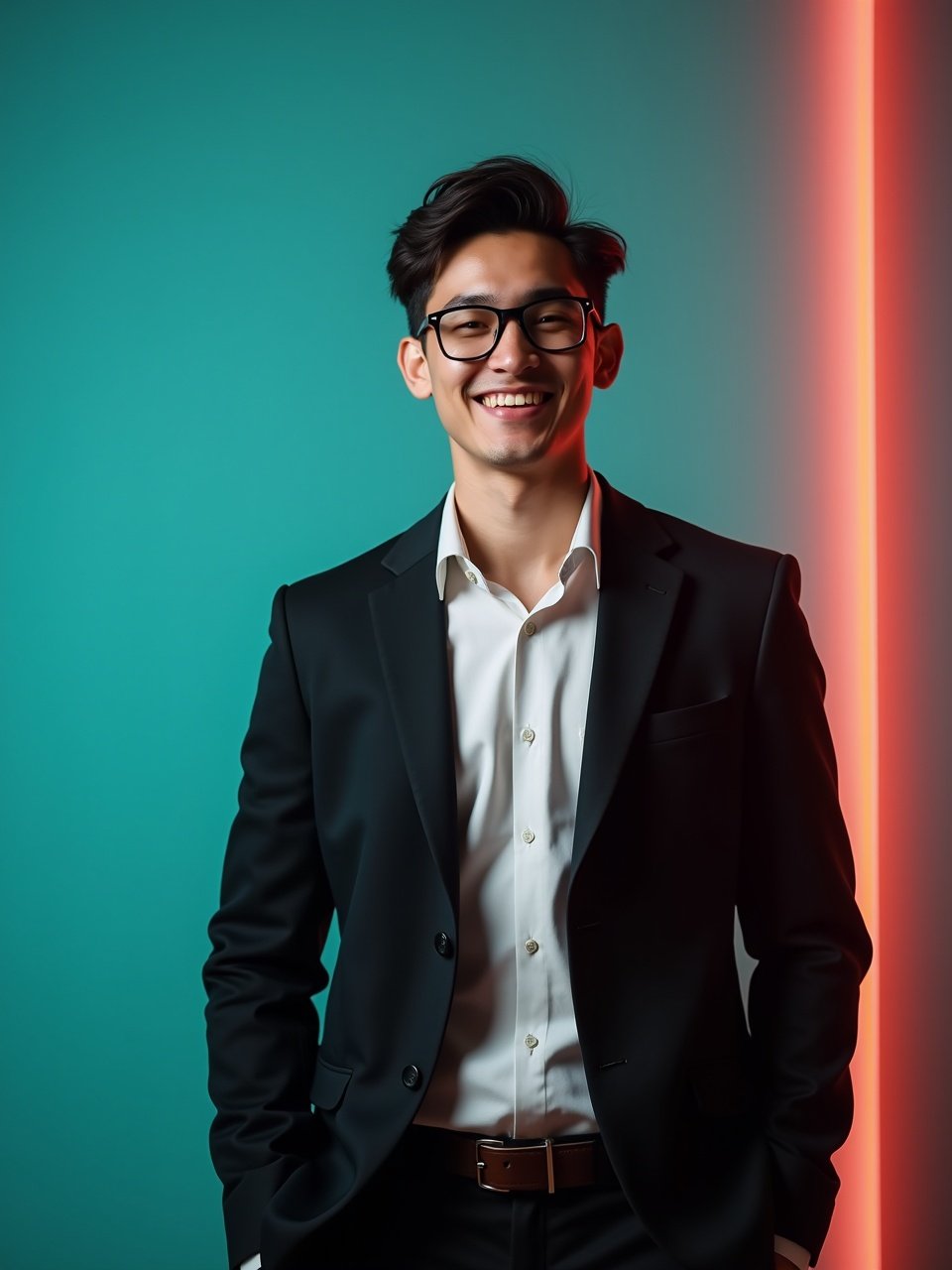 A young man with dark hair and confident smile. Dressed in black blazer over white shirt. Wears glasses. Positioned against aqua color backdrop with subtle red lighting on the right. Posing for LinkedIn profile.