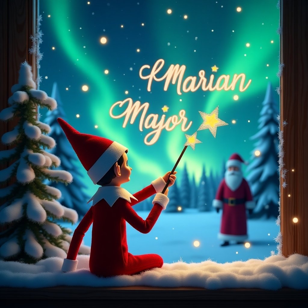 An elf on the shelf with its back to the viewer faces a winter night sky. The elf in a red outfit uses a wand to write names in stars. The background has northern lights. Snow-covered trees surround the elf. A silhouette of Santa is visible in the distance.