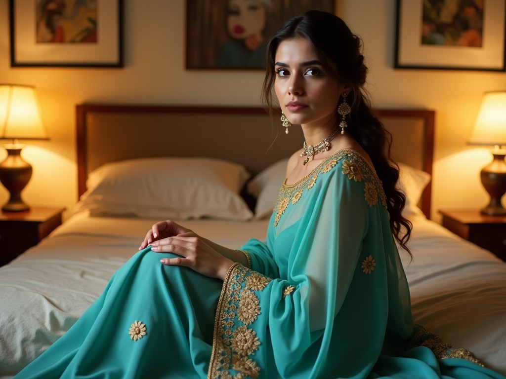 The image showcases a woman seated on a bed, wearing an elegant turquoise dress adorned with intricate gold embroidery. The setting is a warmly lit bedroom, with two lamps casting a soft glow, enhancing the serene and sophisticated ambiance. Framed artworks hang above the bed, contributing to the sophisticated decor of the room.