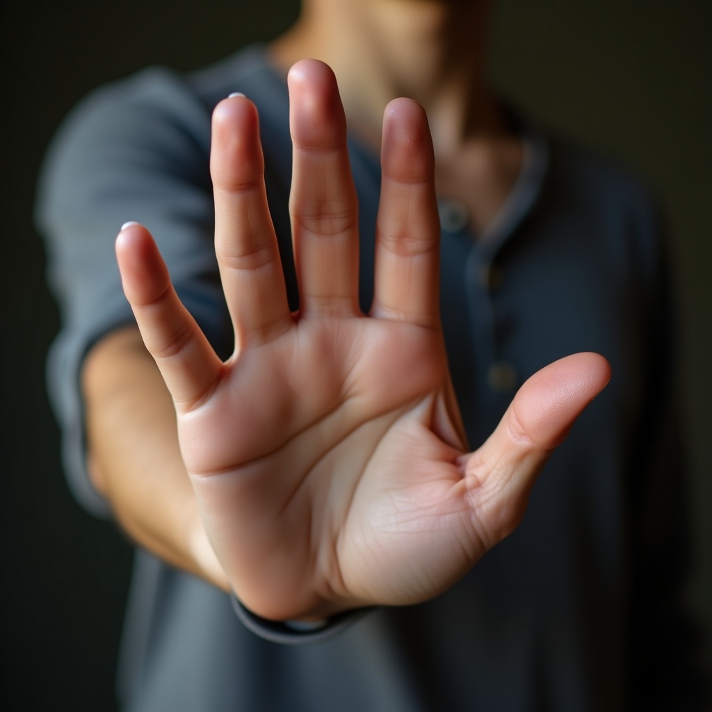 Image of a hand showing its palm. Clear view of fingers and hand structure. Background blurred to emphasize the hand.