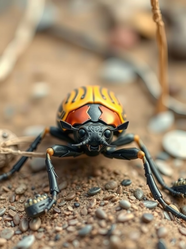 This image showcases a lifelike robotic beetle model situated on a pebbled surface. The intricate detailing of the beetle's mechanical parts mimics the natural features of an actual insect, featuring a vibrant orange and black color scheme on its shell. The ground is composed of small, varied pebbles, adding a rugged natural texture to the scene.