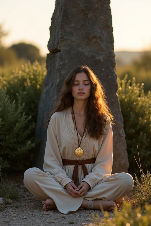 A young woman sits cross-legged leaning against a menhir. The woman has long curly brown hair and wears a natural-colored robe with a leather belt. A golden medallion hangs from her neck. She meditates with closed eyes. A dark granite menhir towers over her in a serene setting with dense shrubs and stony ground. The scene is illuminated by the warm light of an early spring evening.