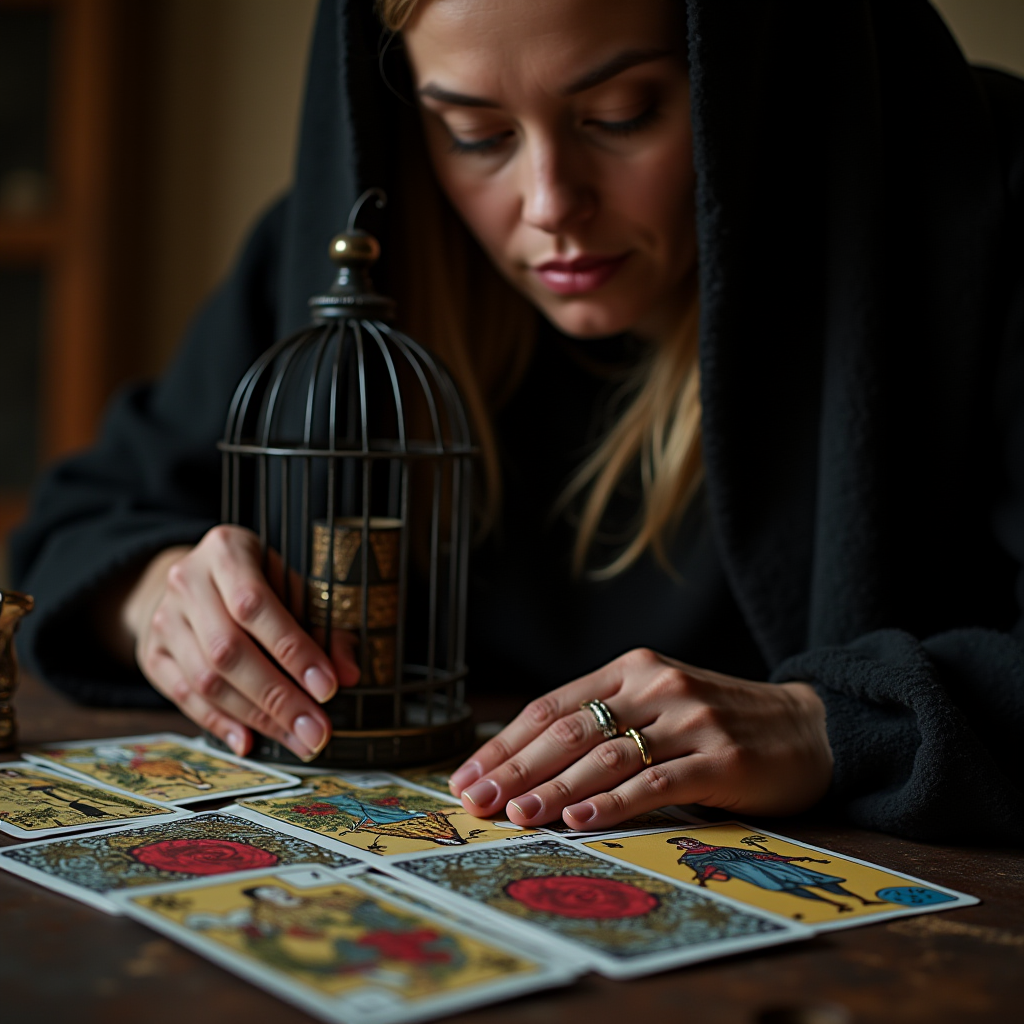 A person dressed in dark clothing studies tarot cards on a table, holding a small cage with wooden blocks inside.