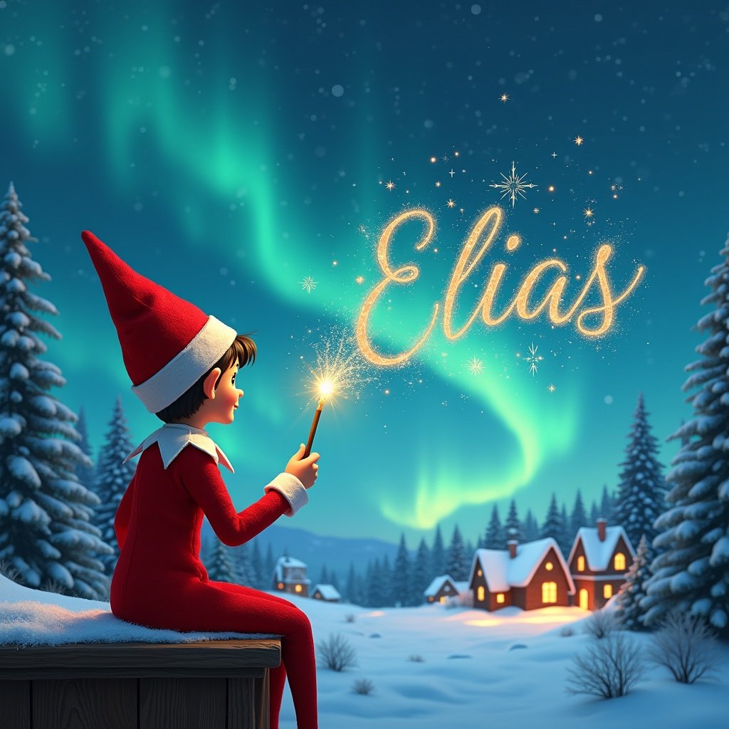 An elf sits on a wooden ledge, facing a magical scene filled with Northern Lights. Dressed in a red outfit with a pointed hat, the elf holds a sparkling wand. The background showcases a snowy landscape and charming little houses surrounded by evergreen trees. This enchanting scene radiates childhood magic and Christmas cheer. The elf elegantly writes the name 'Elias' in the starry sky, adding to the whimsical atmosphere.