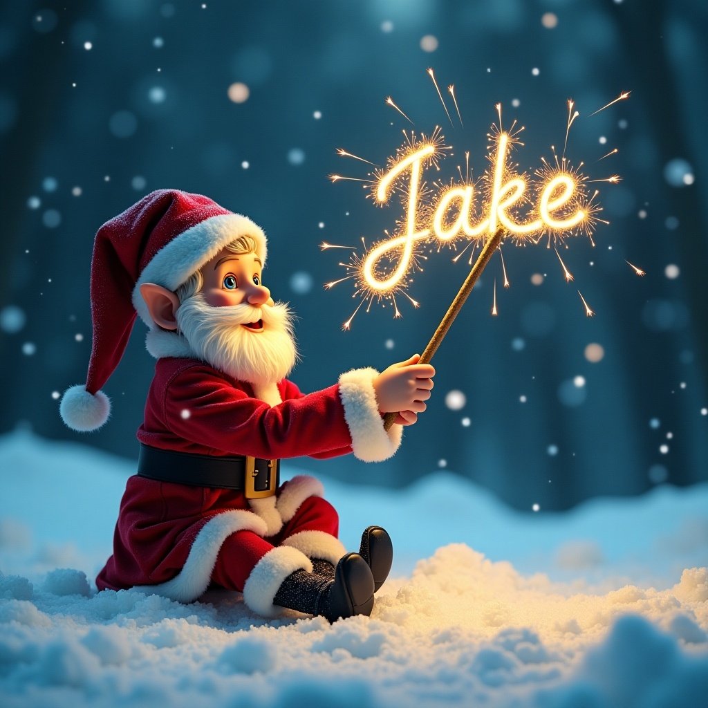 Santa's elf sits in the snow writing Jake in the air with a sparkler wand. The winter scene is magical with soft lighting and sparkling snowflakes.