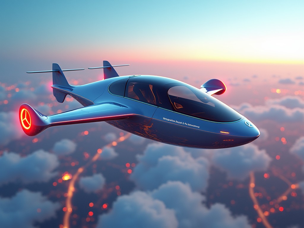 This image depicts a stunning futuristic flying car concept designed by Mercedes. The car features a sleek, aerodynamic shape with striking blue and silver details. It is set against a beautiful sunset sky, floating above soft clouds. The vehicle showcases innovative design elements, emphasizing the future of transportation. Bright lights accentuate its unique features, making it look like a scene from a sci-fi movie.