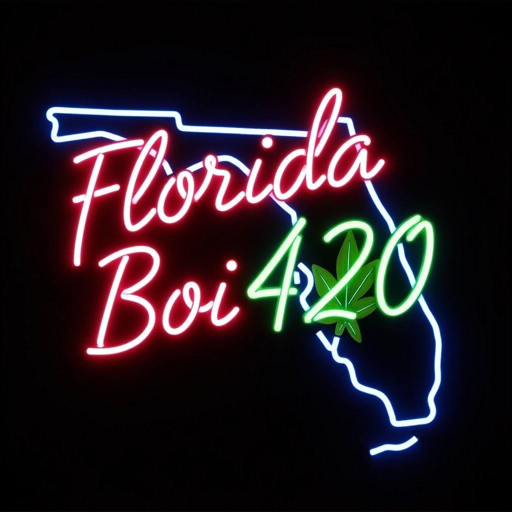 The image features a neon sign that reads 'Florida Boi 420' in a stylish cursive font. The design incorporates a marijuana leaf alongside the text, emphasizing its connection to cannabis culture. The sign glows in vibrant neon colors, predominantly pink and green, set against a black background. It's designed to capture attention and convey a laid-back, fun vibe. This visual is perfect for promoting cannabis-related businesses or events in Florida.