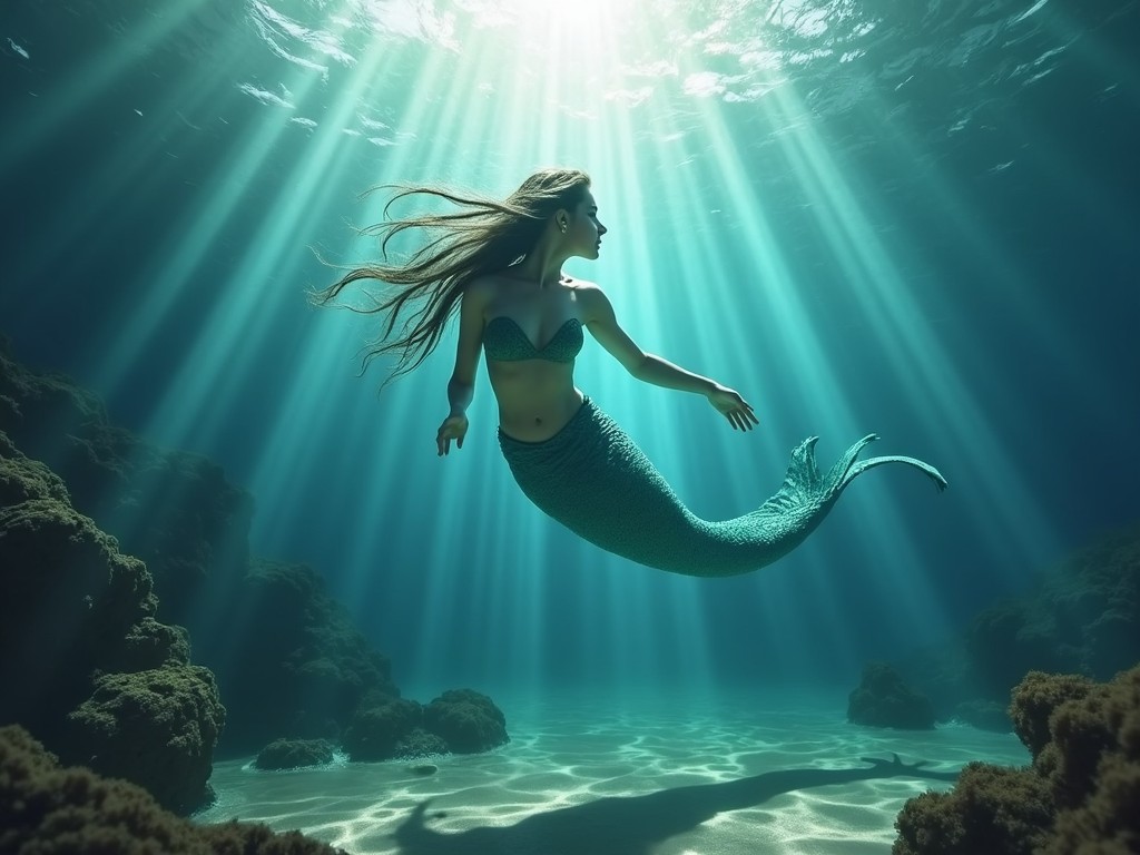 The image depicts a beautiful mermaid swimming gracefully underwater. She has long flowing hair and a shimmering green tail. Bright rays of sunlight penetrate the water, illuminating her and the surrounding rocky sea bed. The scene is tranquil, with clear blue water enhancing the ethereal atmosphere. This fantasy representation invites viewers to dive into a mystical underwater world.