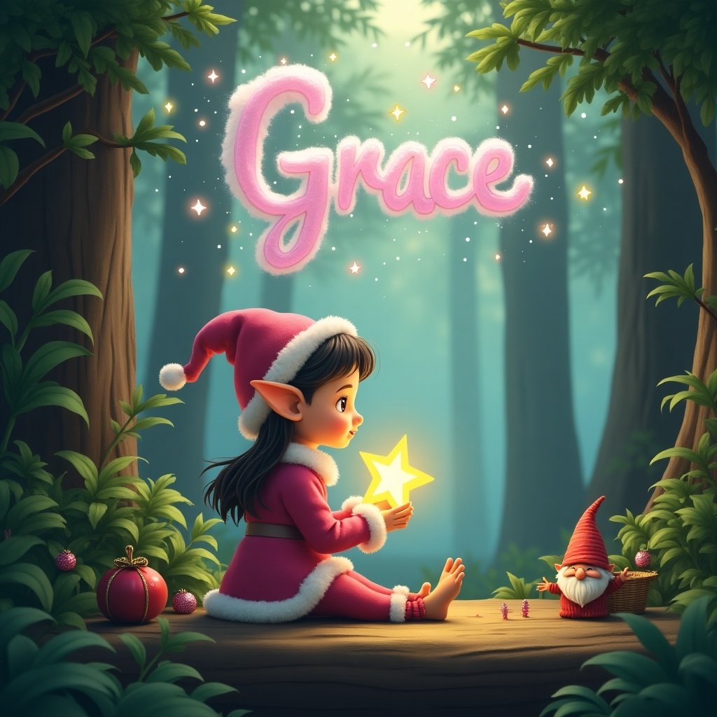 Elf with pointed ears sits on a wooden platform. The elf wears a festive pink outfit and holds a glowing star. The background features tall trees and soft light filtering through leaves. Grace's name appears in cloud-like letters in the sky with hints of purple and pink. A cozy basket and a gnome contribute to the festive atmosphere.