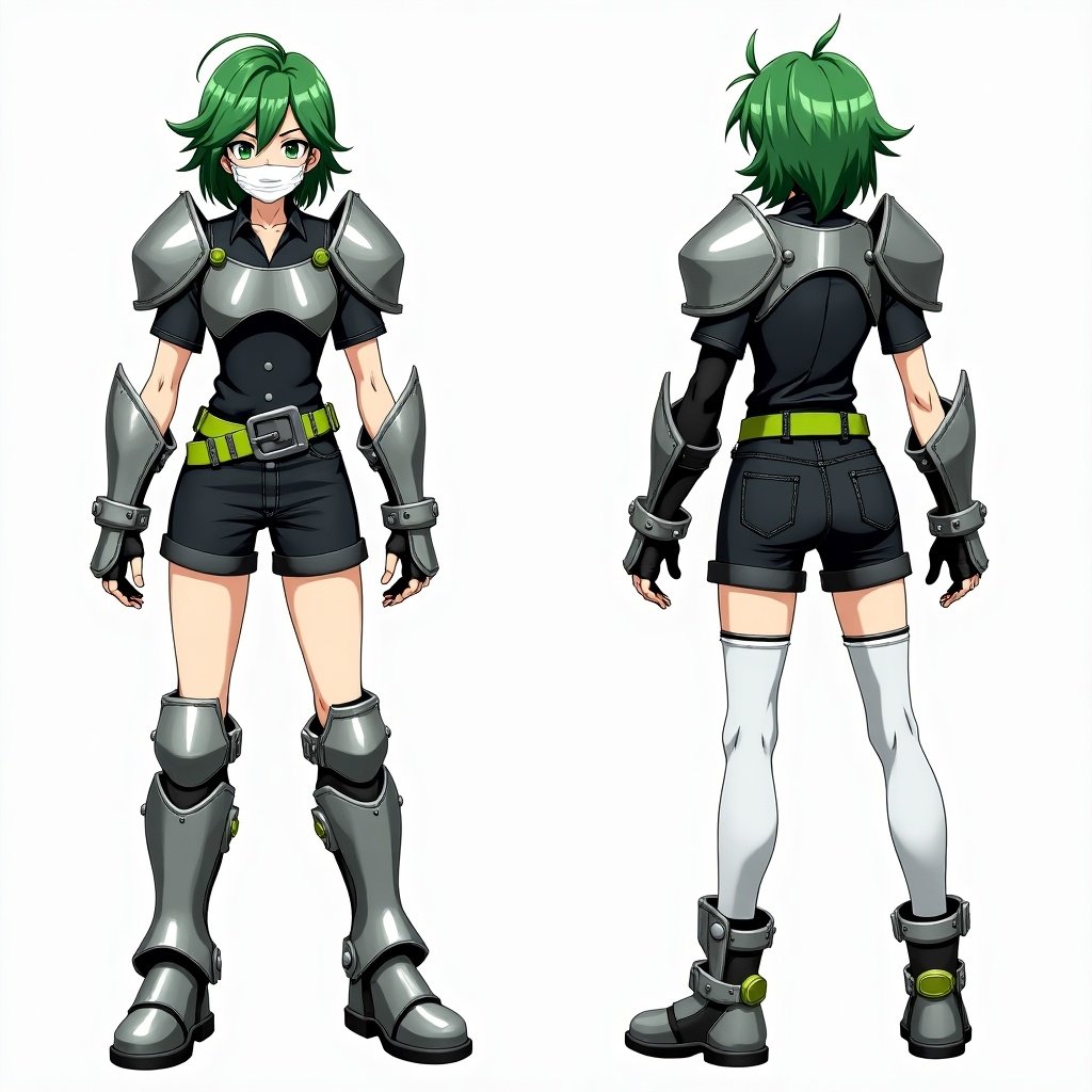 Anime mercenary character with green hair. The character wears metal silver armor. The outfit includes a black shirt and short jeans. The character is wearing white tights. Displayed in three views: front, side, and back.