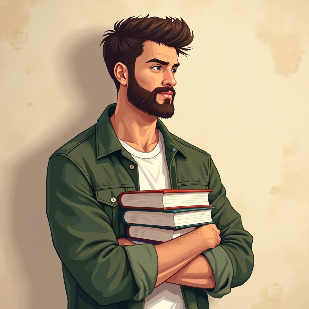 Illustration of a young man with short dark hair and a beard. He wears a green jacket over a white shirt and holds books. The background is a beige wall with soft lighting. He looks off into the distance thoughtfully. The image is high quality and realistic.