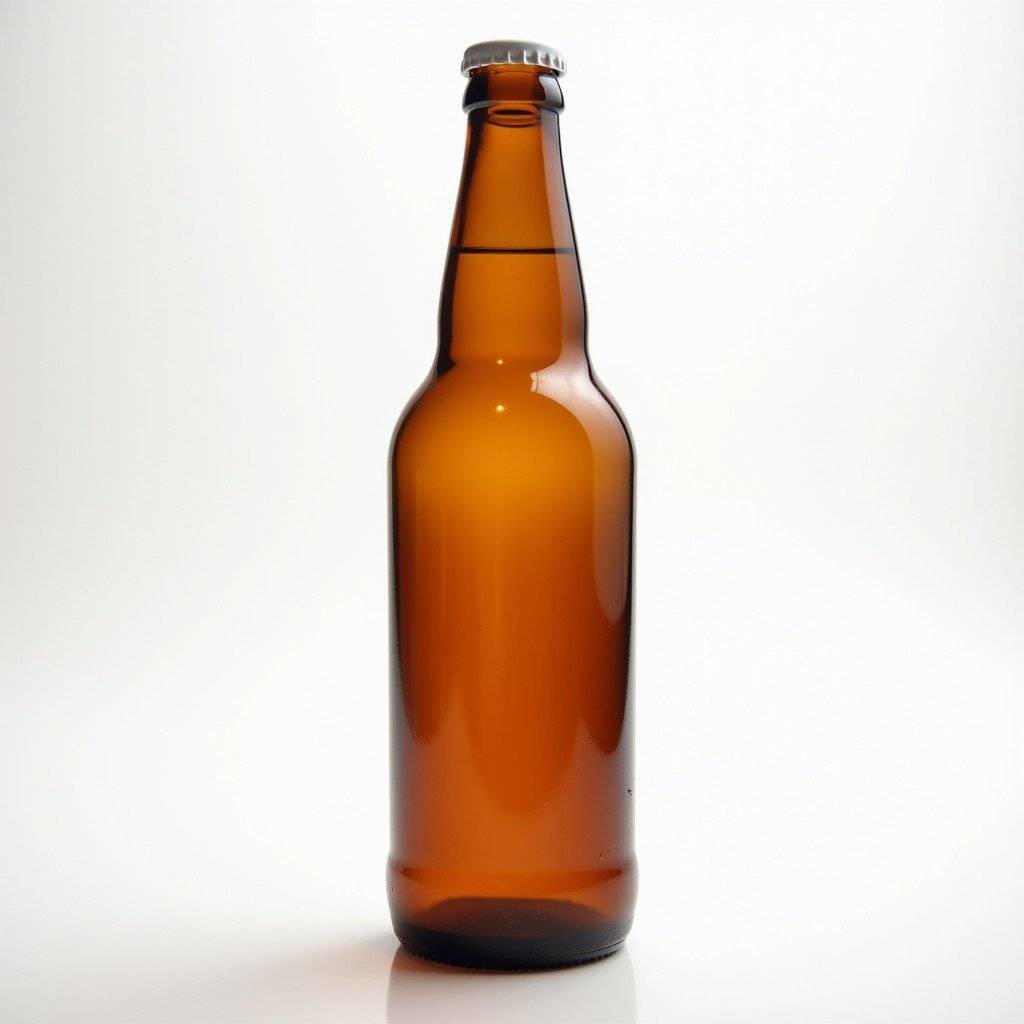 Brown glass beer bottle in 500ml size. The bottle appears against a white background without labels. The image features soft natural lighting. It has a white bottle cap.