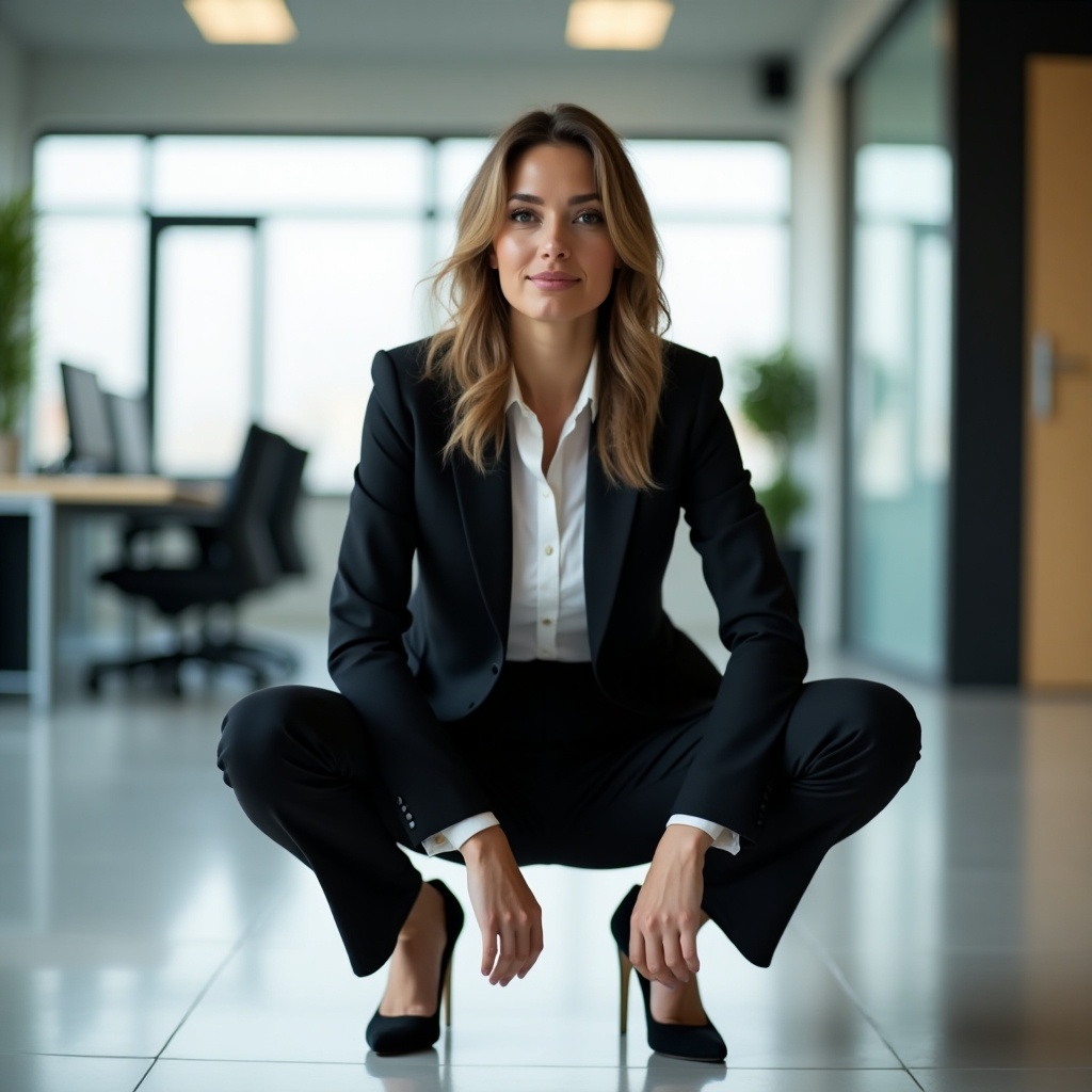 A professional woman is squatting in a stylish black suit. She has a confident expression, showcasing her strength and poise. The setting is a modern office with large windows, indicating a bright workspace. Her legs are spread apart, symbolizing empowerment. The overall mood is one of professionalism and determination. Natural lighting enhances the scene, highlighting her features and attire. This image embodies the modern working woman in a corporate environment.