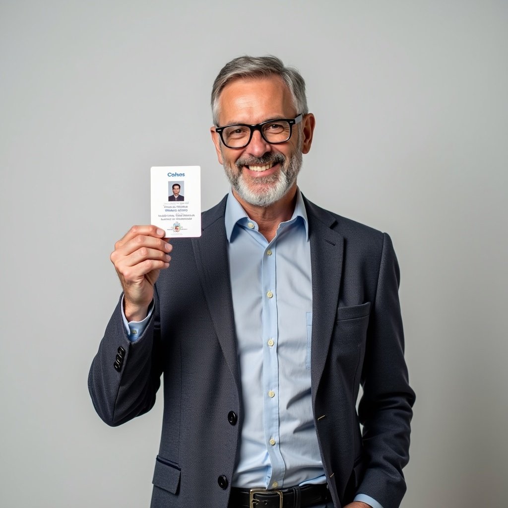 A middle-aged man is holding an ID card in his hand. He wears a suit and has a neutral expression. The background is plain and minimalistic.