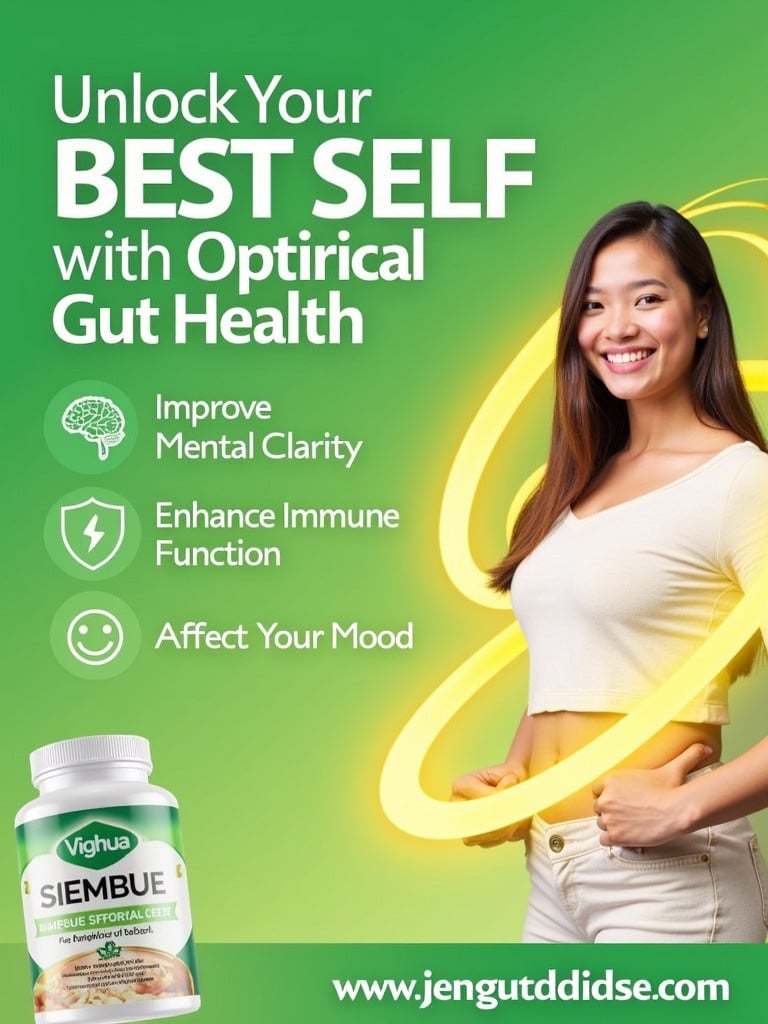 Design a promotional graphic for a gut health product. Use a gradient background in shades of green. Feature a young woman in light clothing midsection-up surrounded by glowing yellow swirls. Include a headline 'Unlock Your Best Self with Optimal Gut Health.' Display benefits - 'Improve Mental Clarity,' 'Enhance Immune Function,' and 'Affect Your Mood' with icons. Show the product canister at the bottom left with a website link at the bottom center.