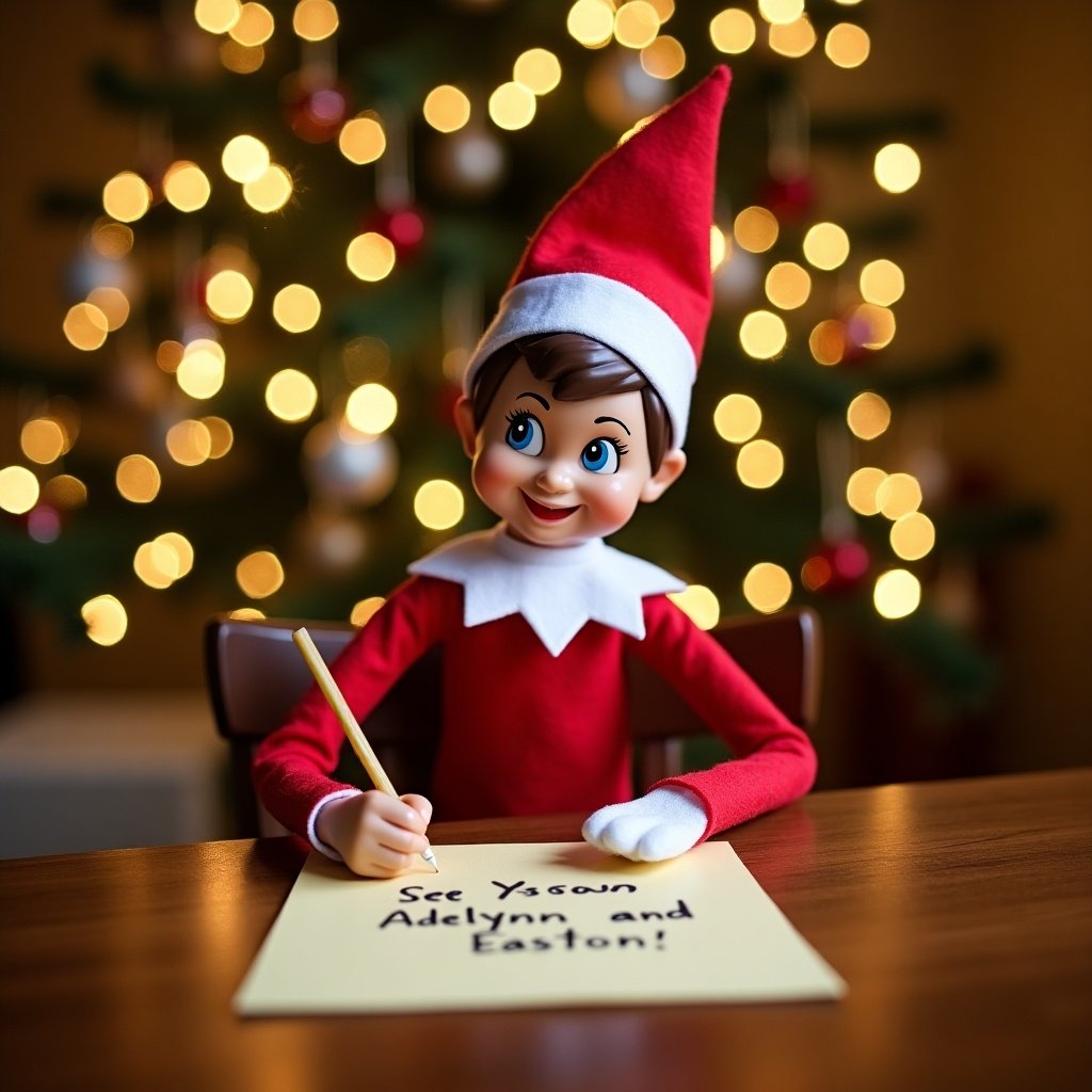 A cheerful elf dressed in red and white sits at a wooden table. The elf writes a note reading 'See You Soon Adelynn and Easton!' A beautifully lit Christmas tree is in the background. The atmosphere is warm and festive for the holiday season.