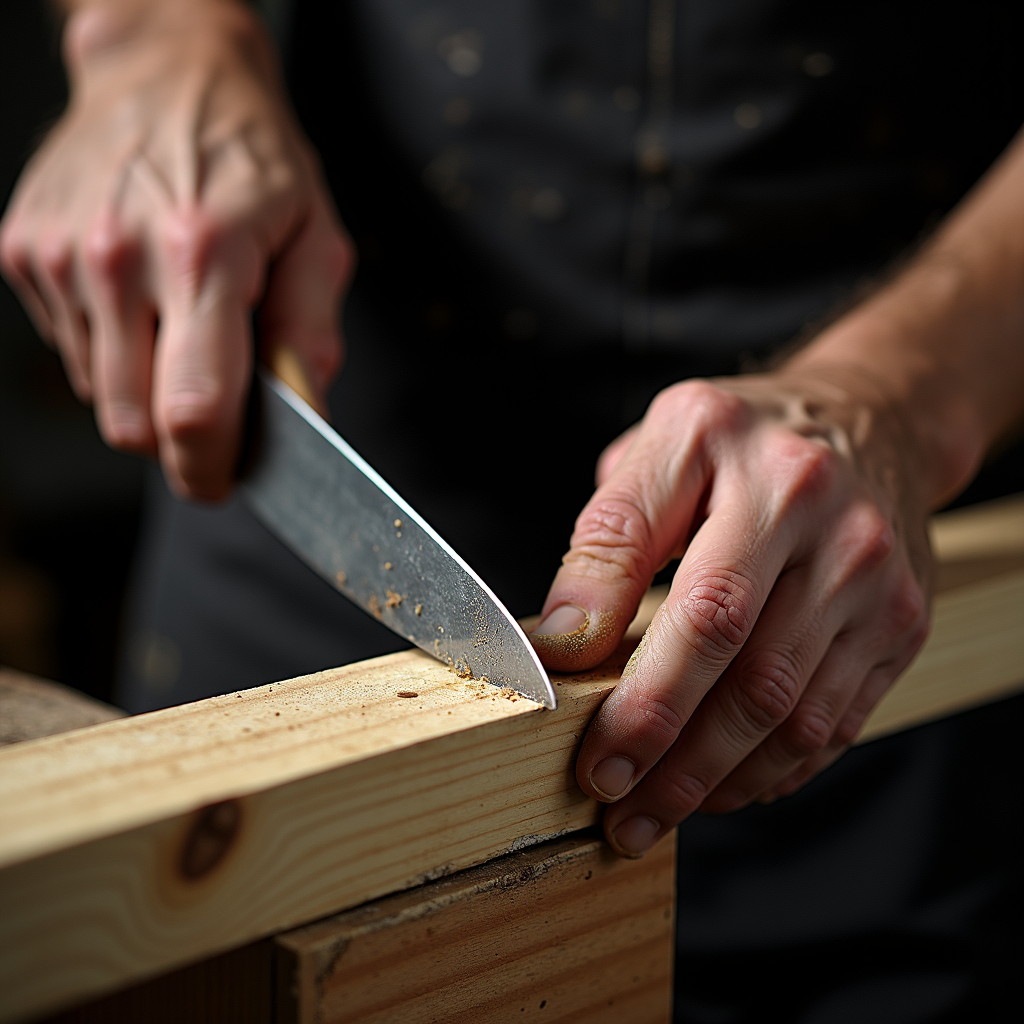 A person skillfully shaves wood from a wooden plank using a knife, emphasizing craftsmanship and focus.