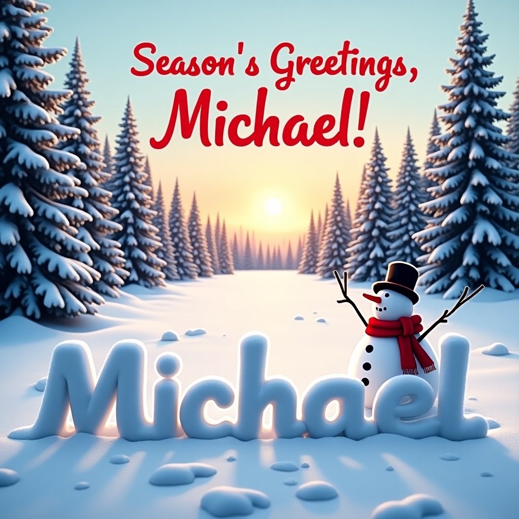 This image is a Christmas card featuring a peaceful winter landscape. In the forefront, the name 'Michael' stands out, written in freshly fallen snow. Surrounding it are clear footprints and a cheerful snowman dressed in a red scarf and black hat. Tall evergreen trees, frosted in snow, create a backdrop that extends into the distance. The sun sets with soft oranges and pinks, casting a warm glow over the tranquil scene. The message 'Season's Greetings, Michael!' is prominently displayed in bold red letters at the top of the image.