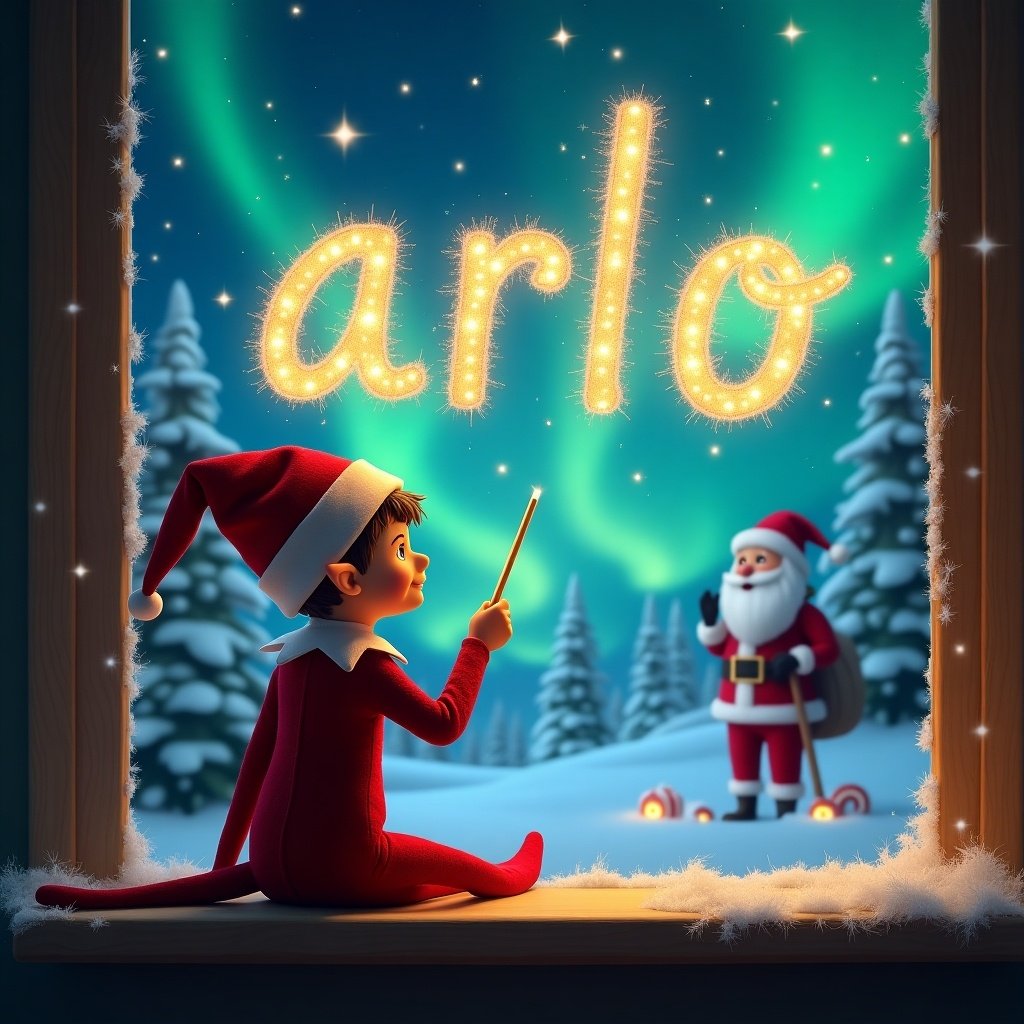 An Elf on the Shelf with its back to the viewer, sitting on a window sill. The elf is wearing a classic red suit with a pointed hat, looking up with wonder. Using a wand, the elf is creating sparkling letters in the sky, spelling out the name 'arlo'. In the background, a fantastical Christmas scene is visible, featuring snow-covered trees and twinkling northern lights. Santa Claus can be seen in the distance, adding to the whimsical atmosphere. The overall scene is filled with holiday spirit and magic, perfect for children.