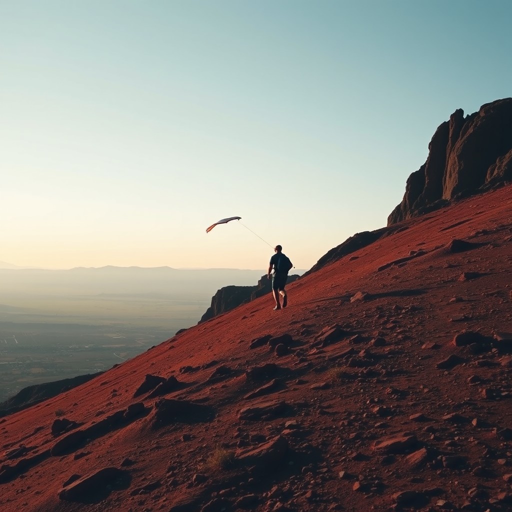 A person paragliding down a steep, red rocky hillside under a clear sky.