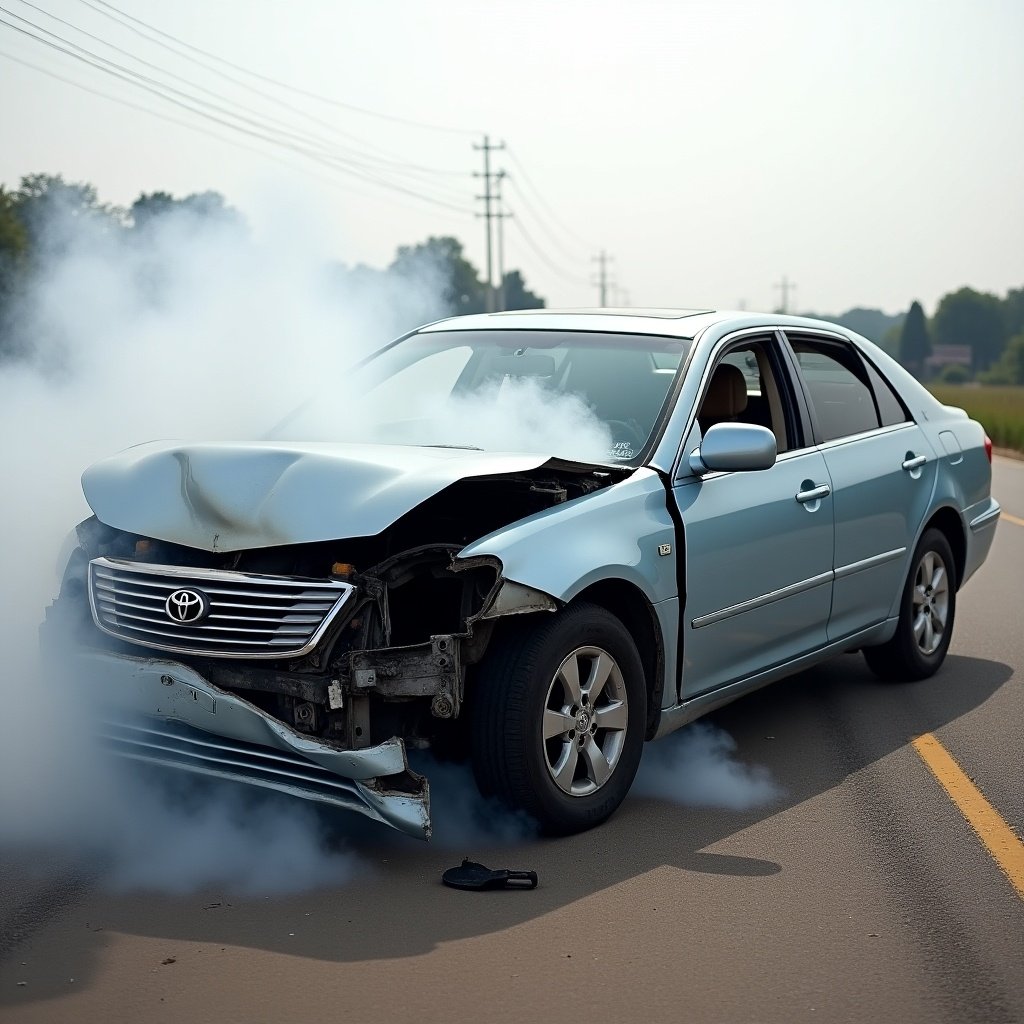 Serious car accident in Abuja. A faded blue Toyota Avalon severely damaged stands on the road. Smoke billows from the vehicle.