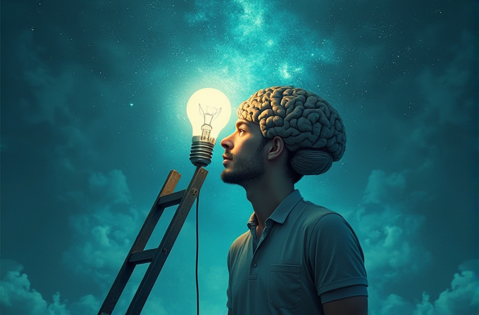 A man with an open brain stands next to a glowing light bulb on a ladder against a starry night sky.