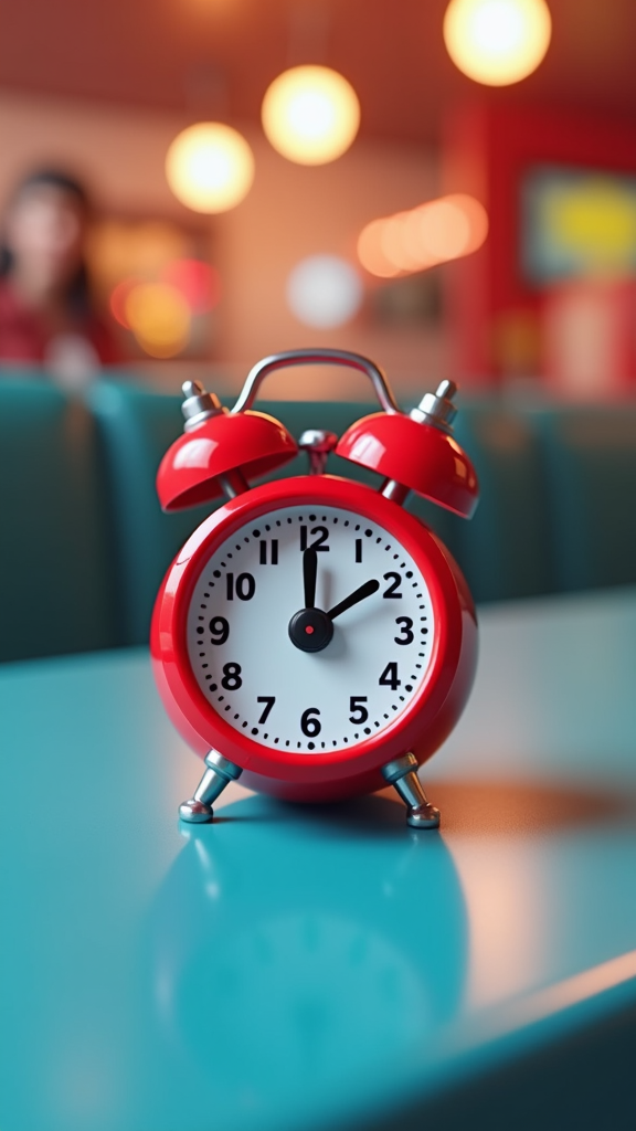 A vibrant red retro alarm clock with bells sits on a glossy blue table, with a blurred, warmly lit background.