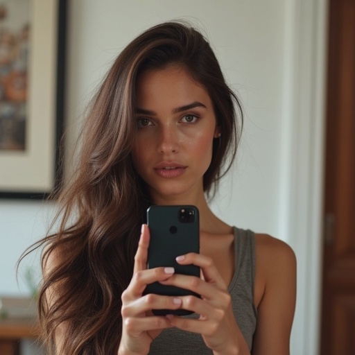 Portrait of a person holding a smartphone. The subject is wearing a sleeveless top. Long hair is cascading down. The image captures an intimate moment. Warm, natural light enhances the scene.