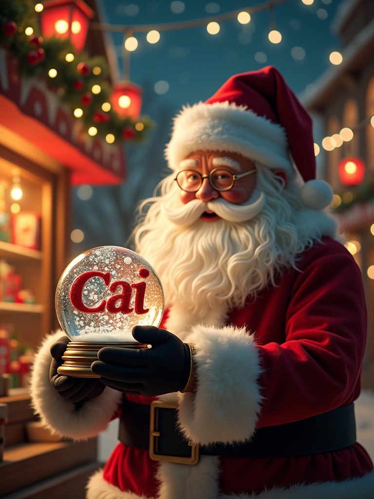 Christmas scene features Santa Claus dressed in red and white suit. Santa holds a decorative snow globe. Snow globe contains the name Cai. Background includes a toy shop decorated for the holidays. Glowing lights adorn the shop.