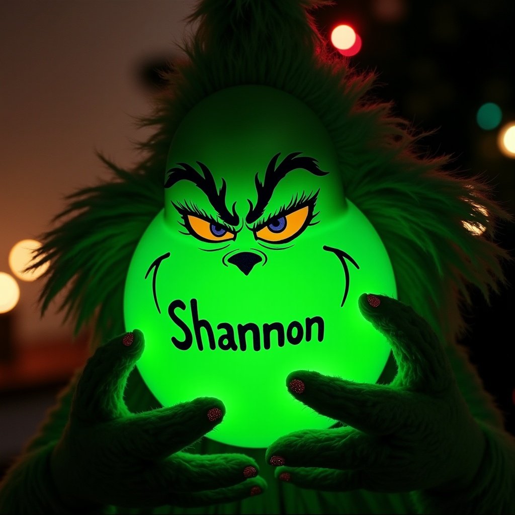 A character resembling the Grinch holding a glowing green bauble. Name Shannon is written on the bauble.