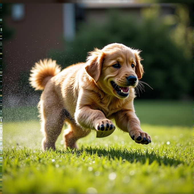 A playful puppy joyfully leaps across a lush green lawn, with sunlight highlighting its fluffy golden fur.