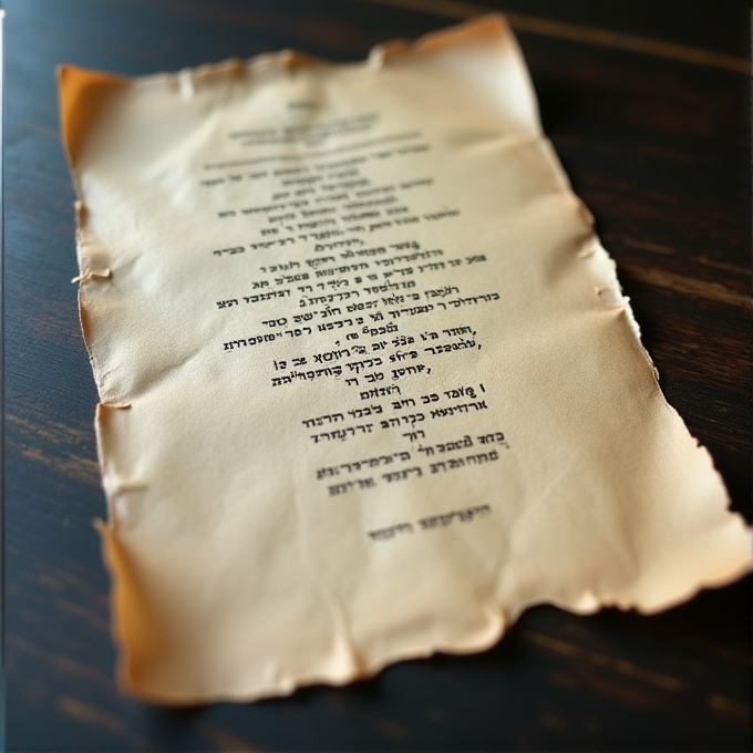 A piece of old, slightly burned paper with text in Hebrew on a wooden surface.