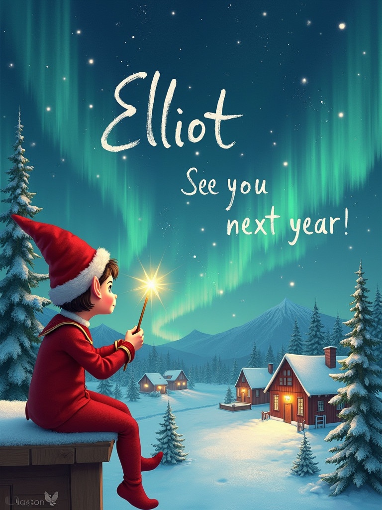 An elf sits on a wooden ledge gazing at a magical sky. Dressed in a red outfit with a pointed hat, the elf holds a sparkling wand. The elf writes the name 'Elliot' in the starry sky. The scene features a snowy landscape with charming houses and evergreen trees under shimmering Northern Lights. The elf writes 'See you next year!' in the sky, showcasing childhood magic and Christmas spirit.