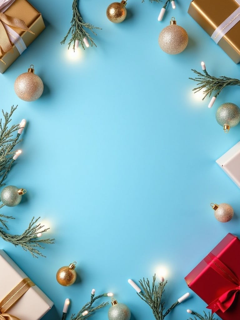 Christmas decorations and lights surround a blank center. Blue background with light blue color. Gold and red gift boxes with ornaments. Festive atmosphere created with lights and greenery.